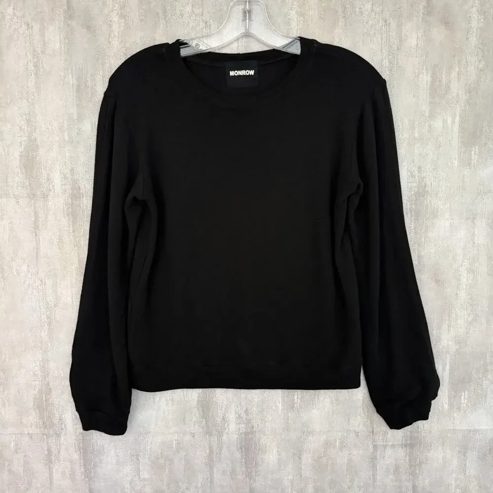 Monrow Sweatshirt Women XS Open Sleeve Pullover Black USA Soft Stretch Crew Neck